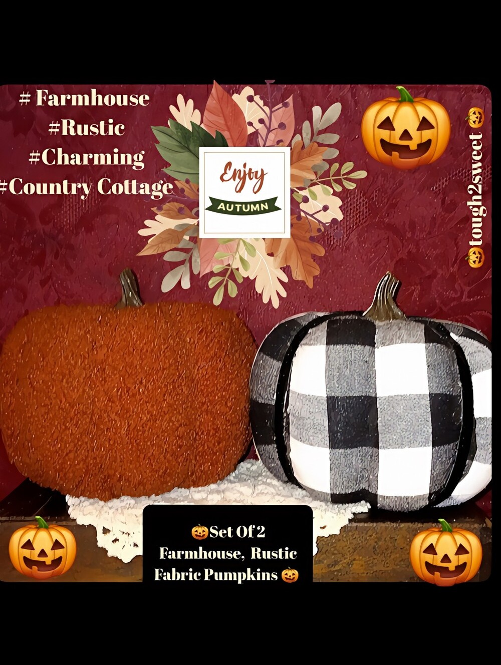 FARMHOUSE, RUSTIC, CHARMING DISTRESSED SET OF 2 FABRIC PUMPKINS